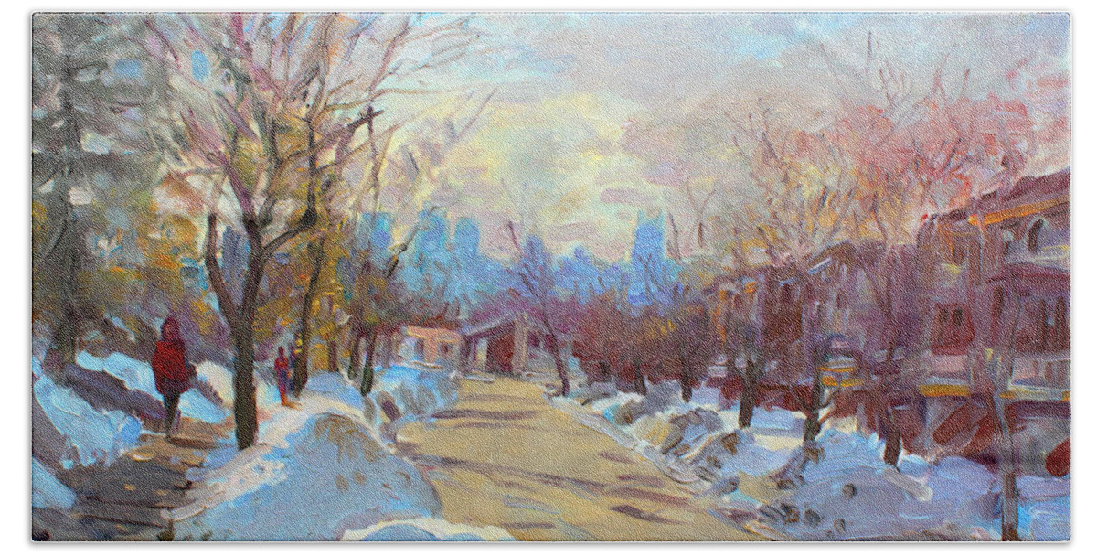 Silverado Dr On Hand Towel featuring the painting Winter in Silverado Dr Mississauga ON by Ylli Haruni