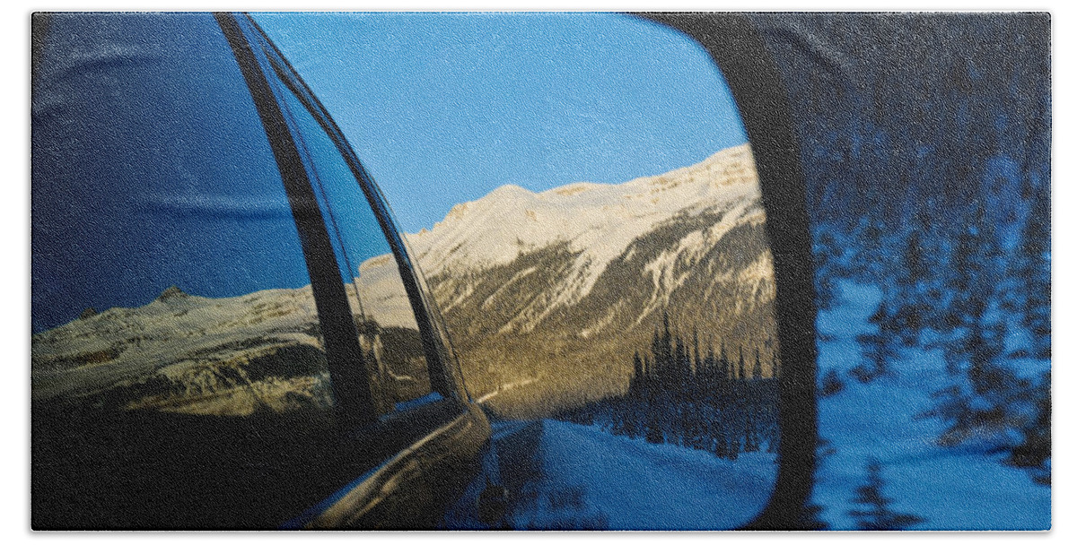 Alp Bath Towel featuring the photograph Winter landscape seen through a car mirror by U Schade