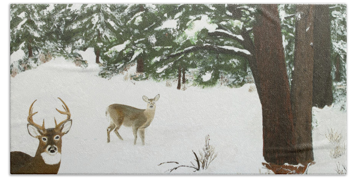 Winterscape Hand Towel featuring the painting Wintering Whitetails by L J Oakes