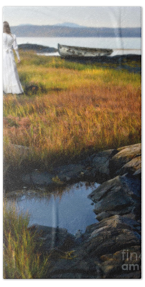 Woman Bath Towel featuring the photograph Woman by Boat on Grassy Shore by Jill Battaglia