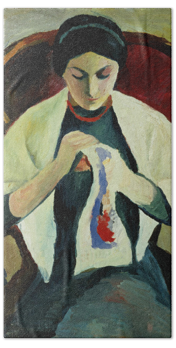 Woman Sewing By August Macke (1887-1914) Armchair; Portrait; Female Hand Towel featuring the painting Woman Sewing by August Macke