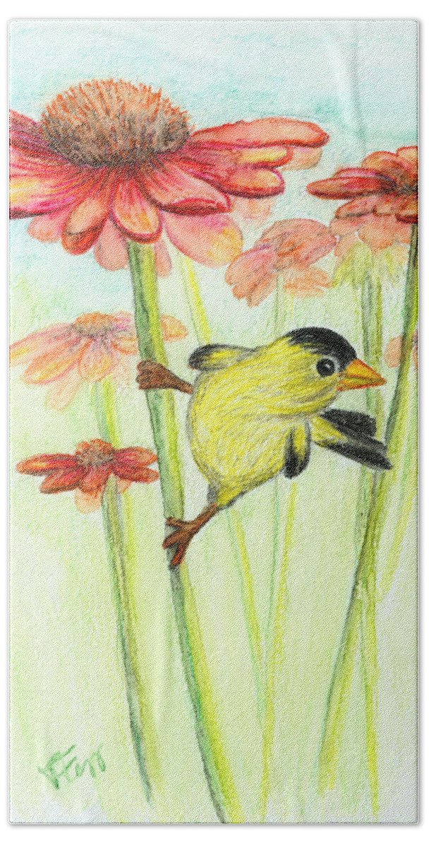 Bird Bath Towel featuring the drawing Yellow finch by Tatiana Fess