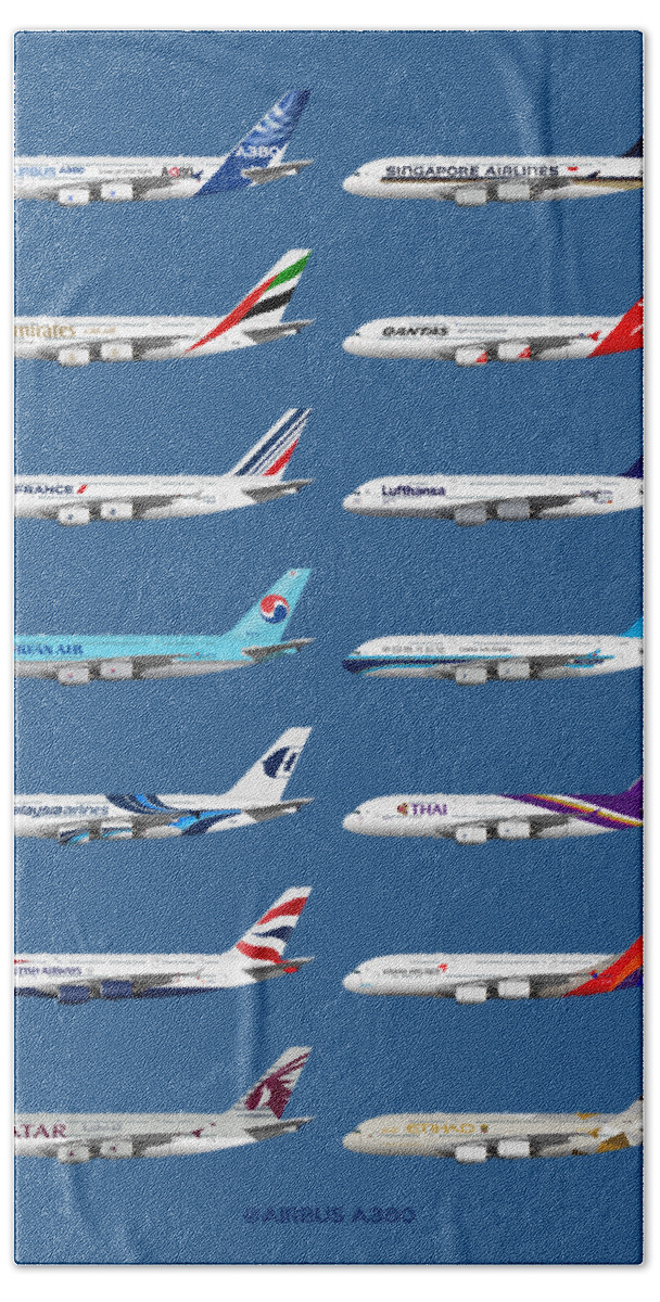 Airbus A380 Hand Towel featuring the digital art Airbus A380 Operators Illustration - Blue Version by Steve H Clark Photography