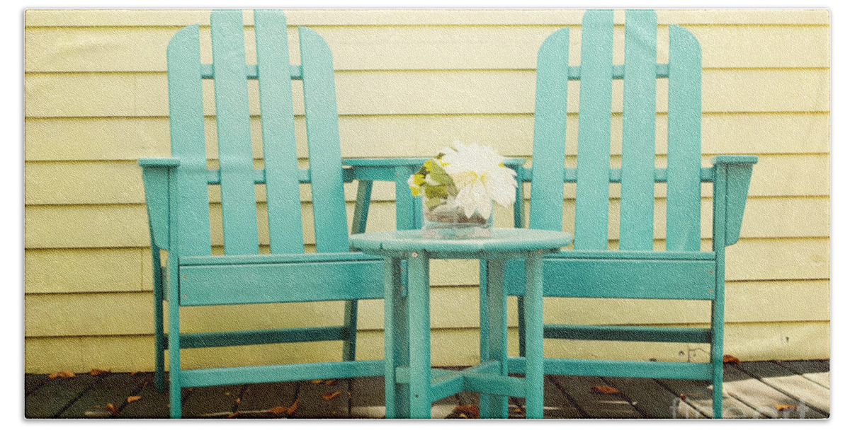 Adirondack Hand Towel featuring the photograph Blue Adirondack Chairs by Juli Scalzi