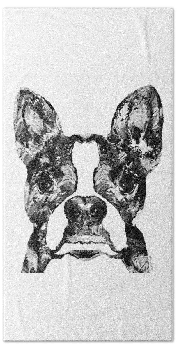 Boston Terrier Bath Towel featuring the painting Boston Terrier Dog Black And White Art - Sharon Cummings by Sharon Cummings