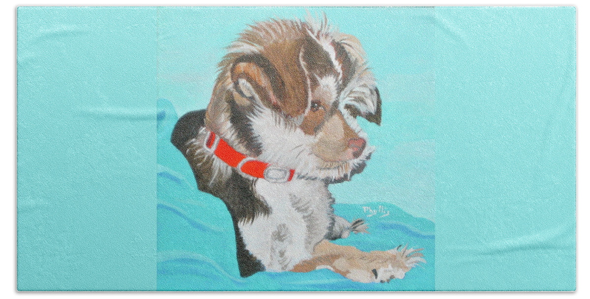 Blue Blanket Bath Towel featuring the painting Cute Little Puppy by Phyllis Kaltenbach