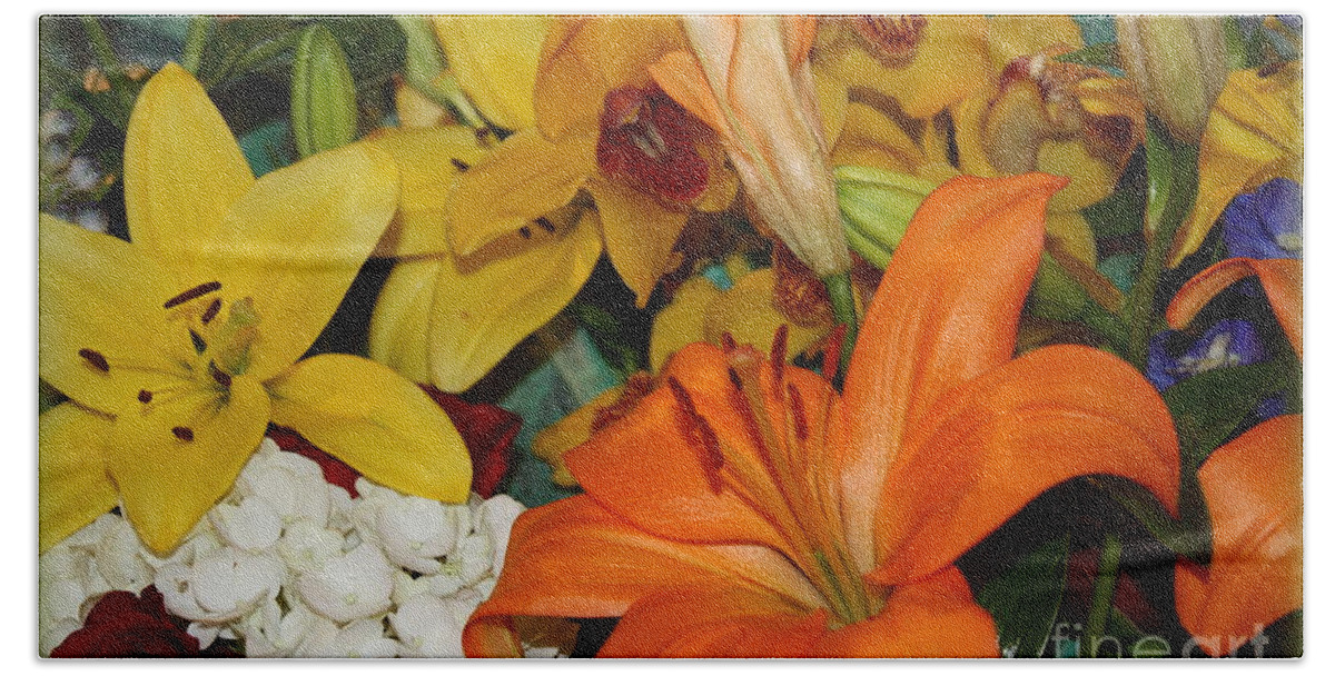 Day Lilies Bath Towel featuring the photograph Day Lilies and Spring Blossoms by Dora Sofia Caputo