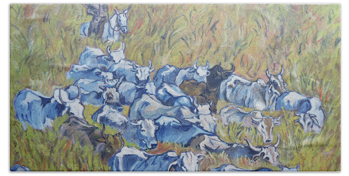 The Tall Grass Makes It Hard For This Gaucho To Herd His Cattle. Gaucho Hand Towel featuring the painting  Gaucho Roundup by Charme Curtin