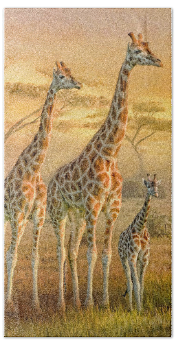 Giraffe Hand Towel featuring the digital art Giraffe Family by Trudi Simmonds