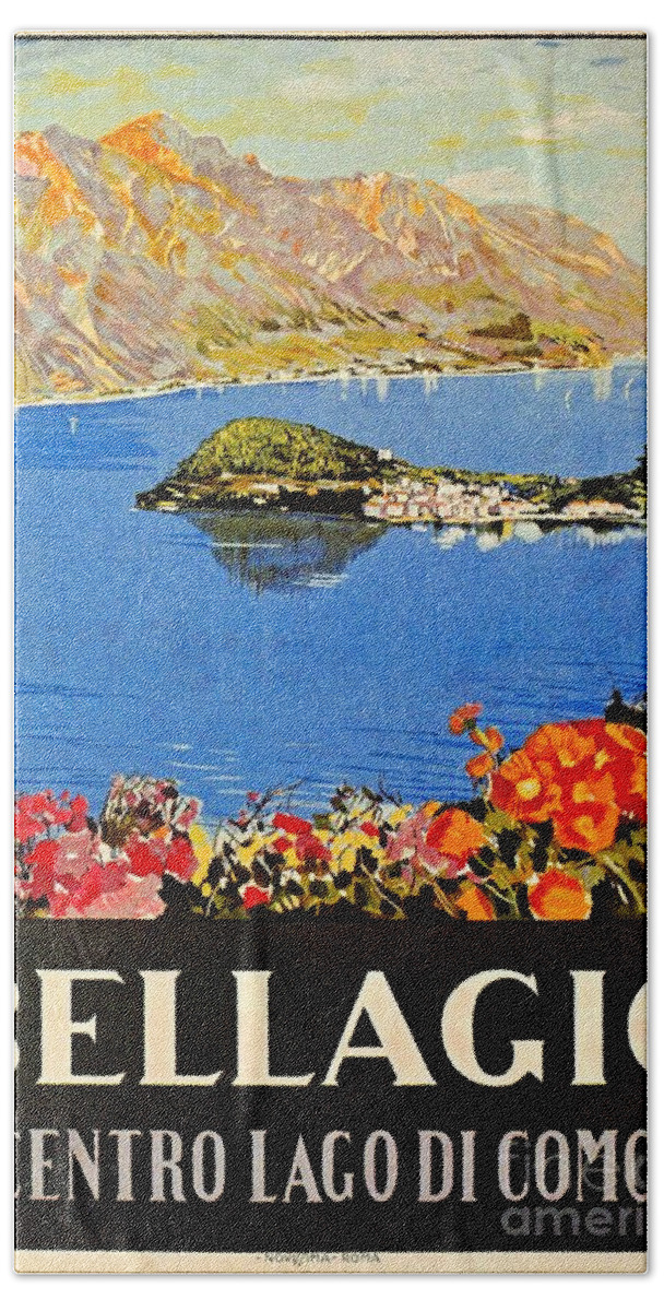 Vintage Hand Towel featuring the digital art Italy Bellagio Lake Como vintage Italian travel advert by Heidi De Leeuw