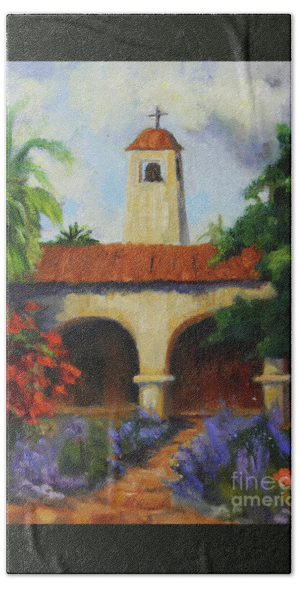 San Juan Capistrano Bath Towel featuring the painting Mission San Juan Capistrano by Maria Hunt