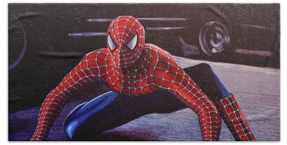 Spiderman Hand Towel featuring the painting Spiderman 2 by Paul Meijering