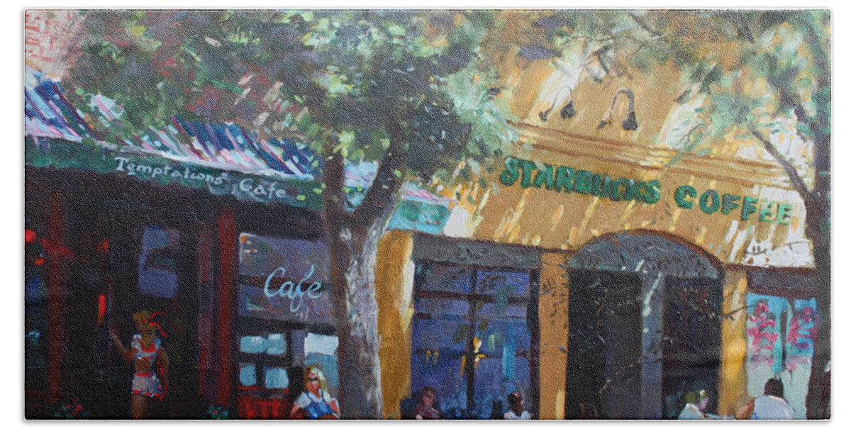 Starbucks Coffee Hand Towel featuring the painting Starbucks Hangout by Ylli Haruni