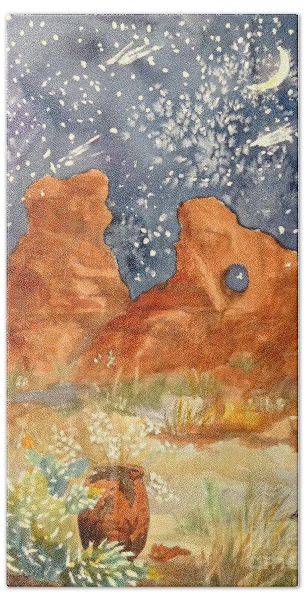 Arches National Park Hand Towel featuring the painting Starry Night in the Desert by Ellen Levinson