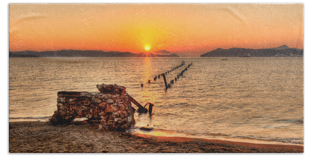 Milos Bath Towel featuring the photograph Sunset in Alikes of Milos - Greece by Constantinos Iliopoulos