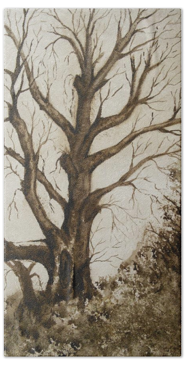  Monochomatic Hand Towel featuring the painting Tree in Sepia-One Dead Tree by Susan Nielsen