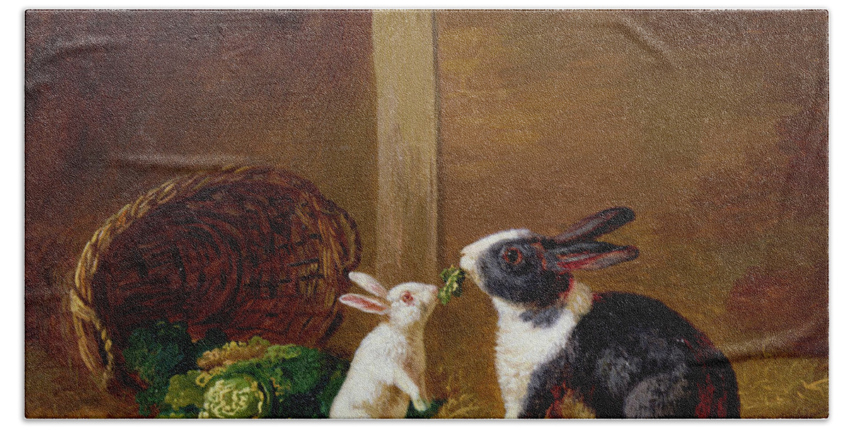 Two Bath Towel featuring the painting Two Rabbits by H Baert