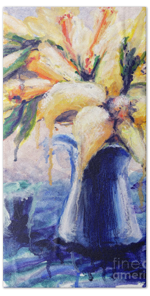 Still Life Hand Towel featuring the painting 01353 Daffodils by AnneKarin Glass