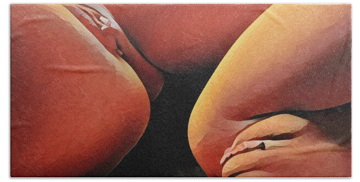 Watercolor Bath Towel featuring the digital art 0886s-HB-TR Explicit Watercolor of Two Women Vulva to Vulva by Chris Maher