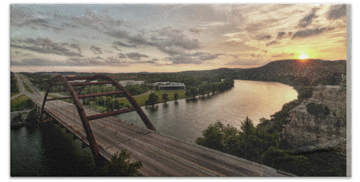 Austin Hand Towel featuring the photograph 360 Bridge Sunset #1 by Todd Aaron