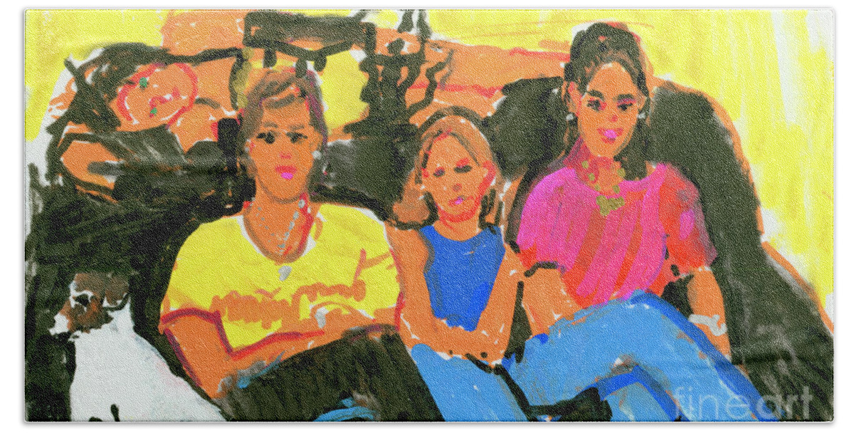 4 Girls And A Dog Bath Towel featuring the painting 4 Girls and a Dog #1 by Candace Lovely