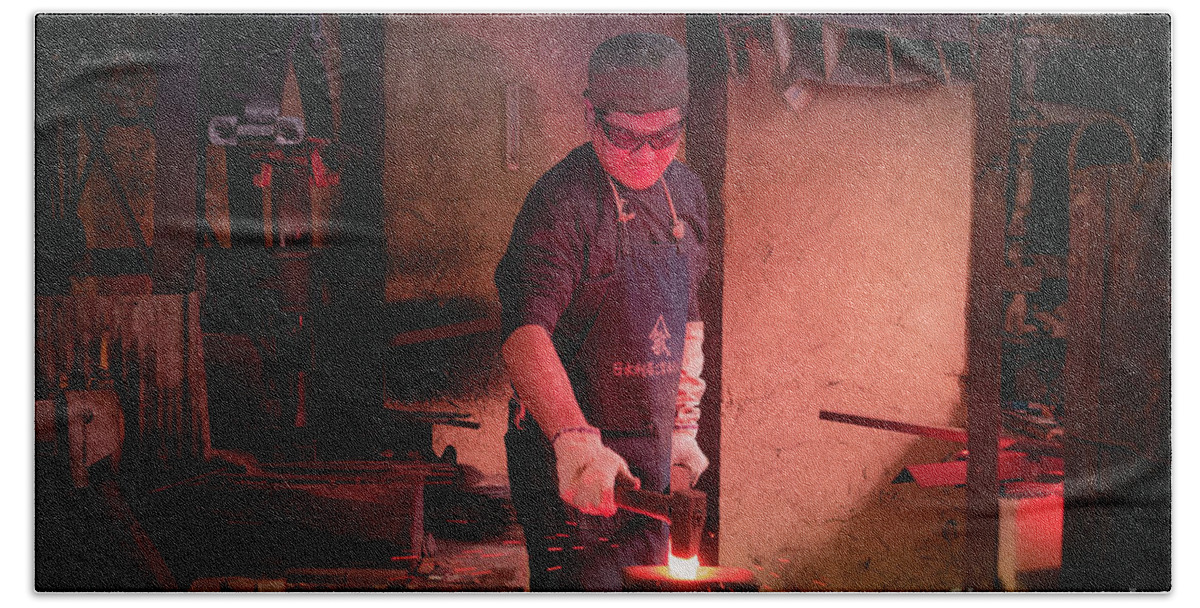 Blacksmith Bath Towel featuring the photograph 4th Generation Blacksmith, Miki City Japan by Perry Rodriguez