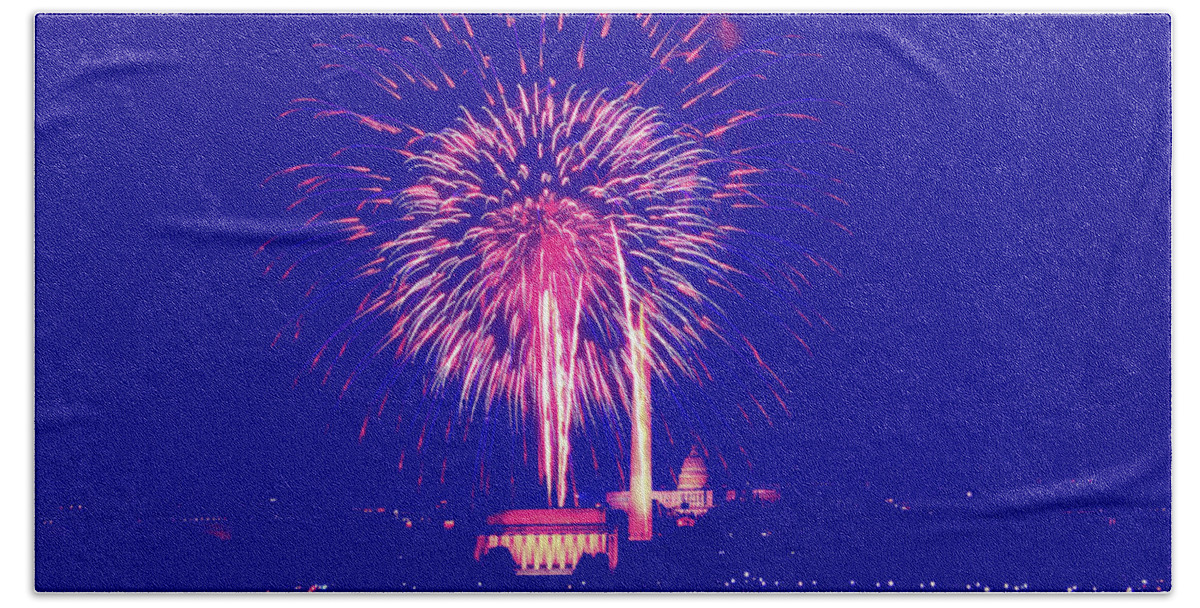 July 4th Bath Towel featuring the photograph 4th of July Fireworks over Washington D.C. #1 by Mountain Dreams