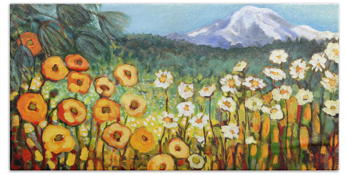 Rainier Hand Towel featuring the painting A Mountain View by Jennifer Lommers