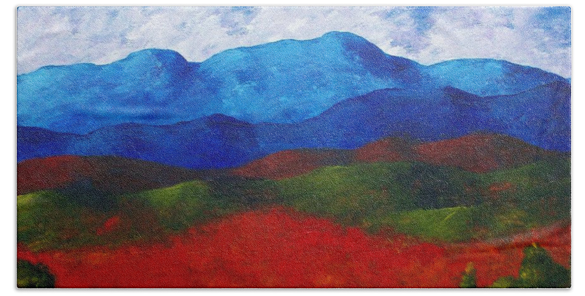 Art & Collectibles Painting Acrylic White Blue Green Red Pink Yellow Orange Art Adirondack Mountains Upstate New York State Park Ny Landscape Colorful Bright Sky Nature Art Autumn Fall Wilderness Bath Sheet featuring the painting A View of the Blue Mountains of the Adirondacks #1 by Mike Kraus