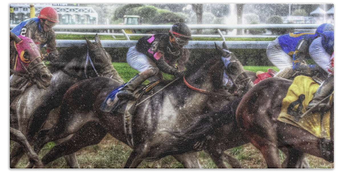 Race Horses Bath Towel featuring the photograph In the Rain by Jeffrey PERKINS