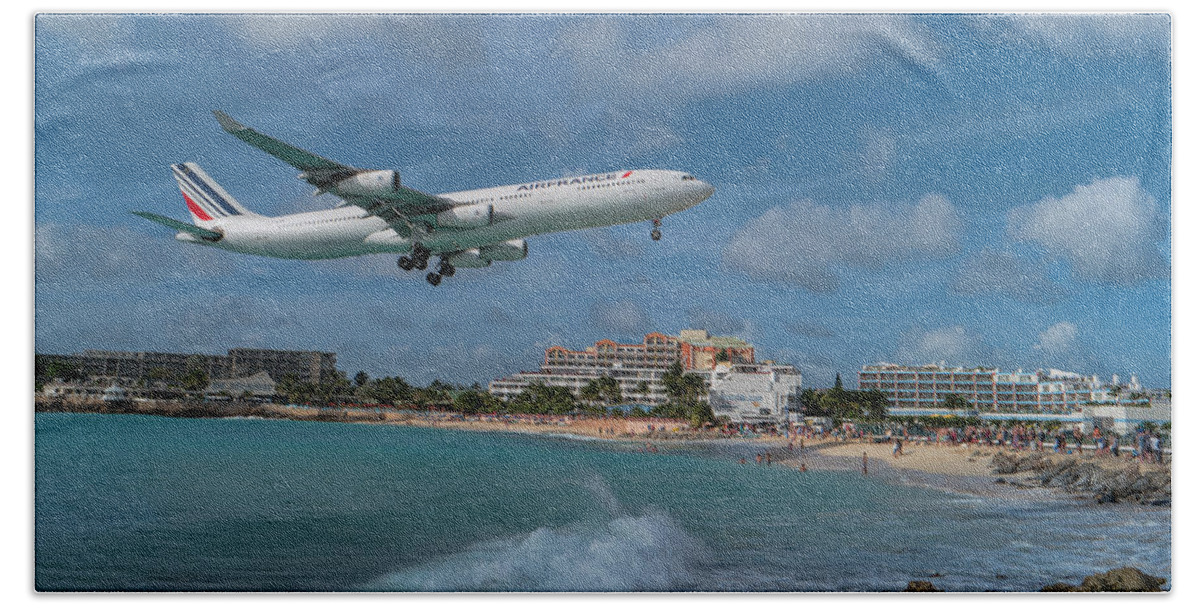 Air France Hand Towel featuring the photograph Air France landing at St. Maarten #1 by David Gleeson