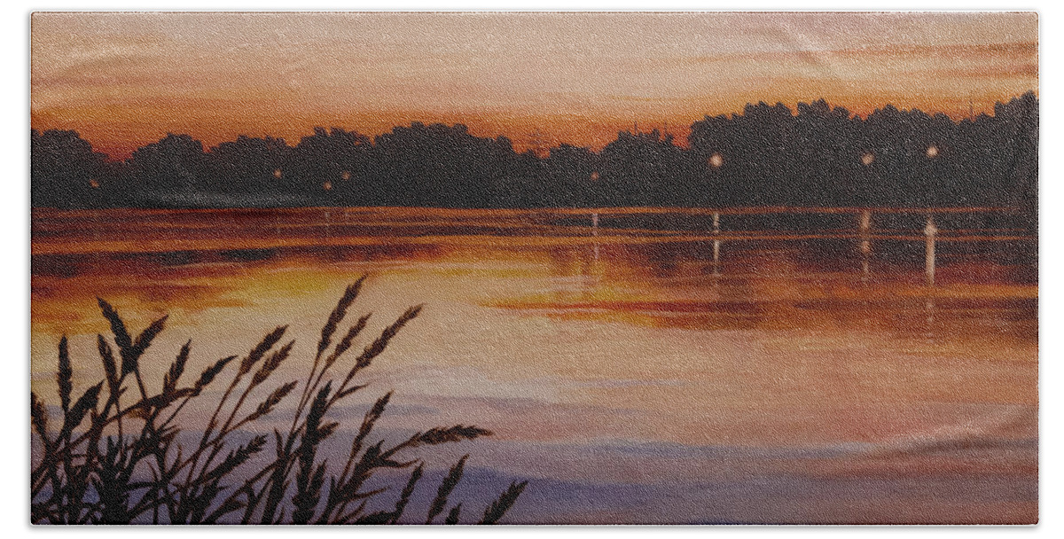 Landscape Hand Towel featuring the painting Amber Reflections #2 by Heidi E Nelson