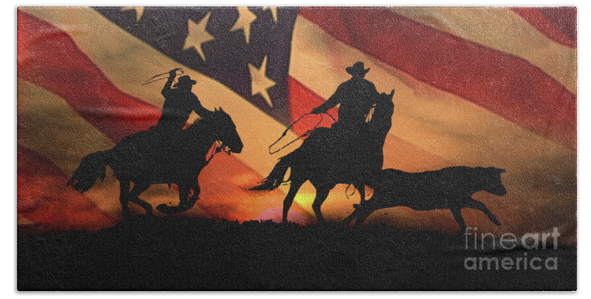 Western Hand Towel featuring the photograph American Cowboy, Team Ropers with American Flag by Stephanie Laird