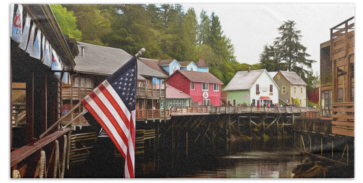 American Flag On Creek Street Ketchikan Alaska Painting Hand Towel featuring the photograph American Flag on Creek Street Ketchikan Alaska Painting #1 by Barbara Snyder