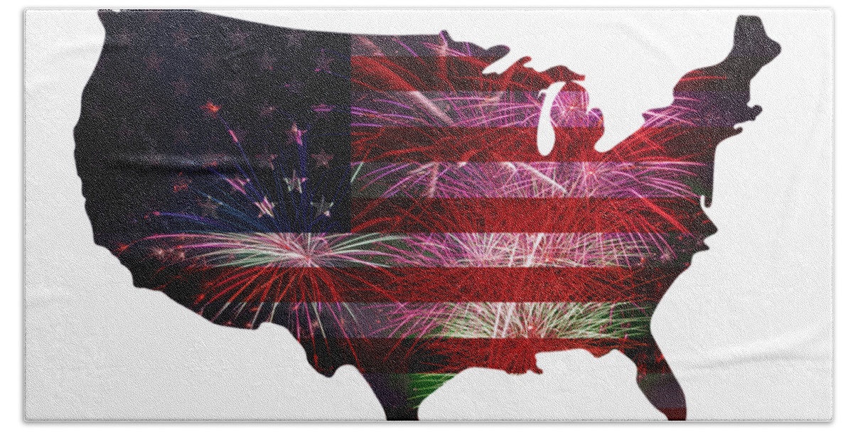 Usa; Outline; Silhouette; Flag; United States; Country; Federal; North America; Stars; Stripes; Red; White; Blue; 4th; July; Independence; Day; Happy; Fireworks; Display; Celebration; Patriotic; Government; Burst; Background; Illustration; Drawing; Souvenir; Poster Bath Towel featuring the photograph American Flag with Fireworks Display #1 by David Gn