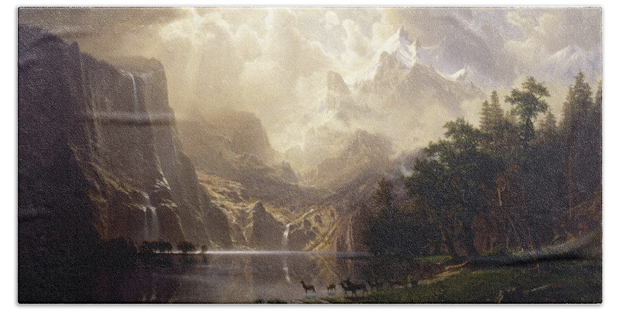 Albert Bierstadt Bath Sheet featuring the painting Among The Sierra Nevada #1 by MotionAge Designs