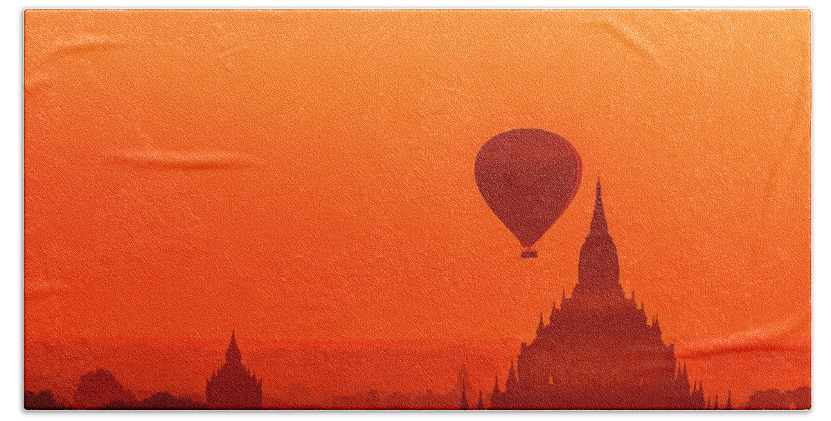 Travel Hand Towel featuring the photograph Bagan pagodas and hot air balloon #1 by Pradeep Raja Prints