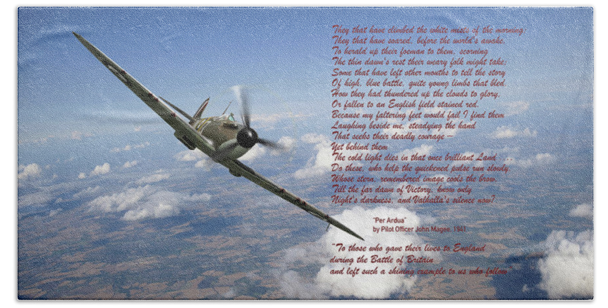 Battle Of Britain Hand Towel featuring the photograph Battle of Britain Spitfire Per Ardua poem #1 by Gary Eason