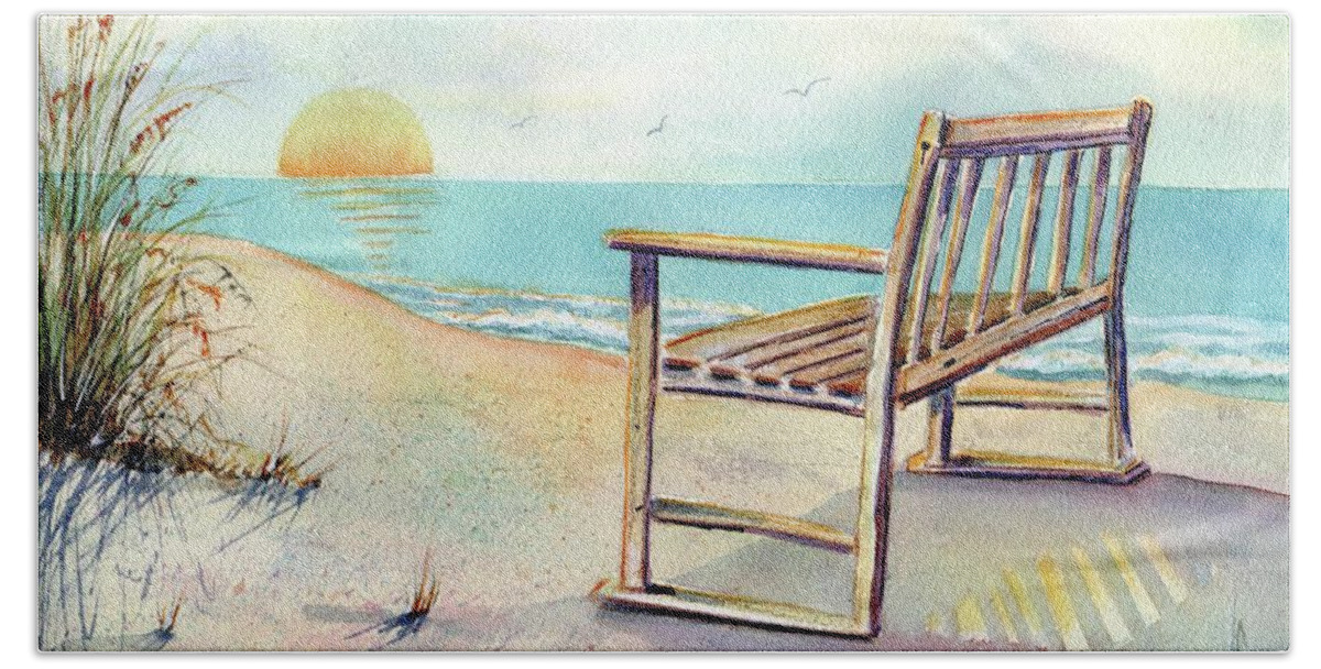 Beach Bath Towel featuring the painting Beach Bench by Midge Pippel