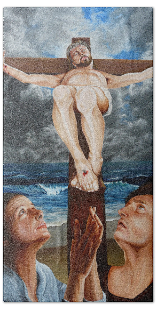 Christ Bath Towel featuring the painting Behold Your Son by Vic Ritchey