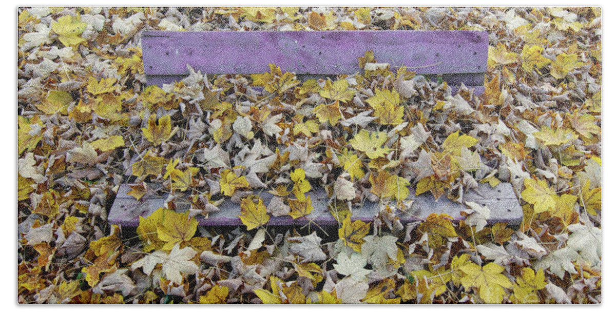Autum Bath Towel featuring the photograph Bench covered in fallen leaves #1 by Michal Boubin