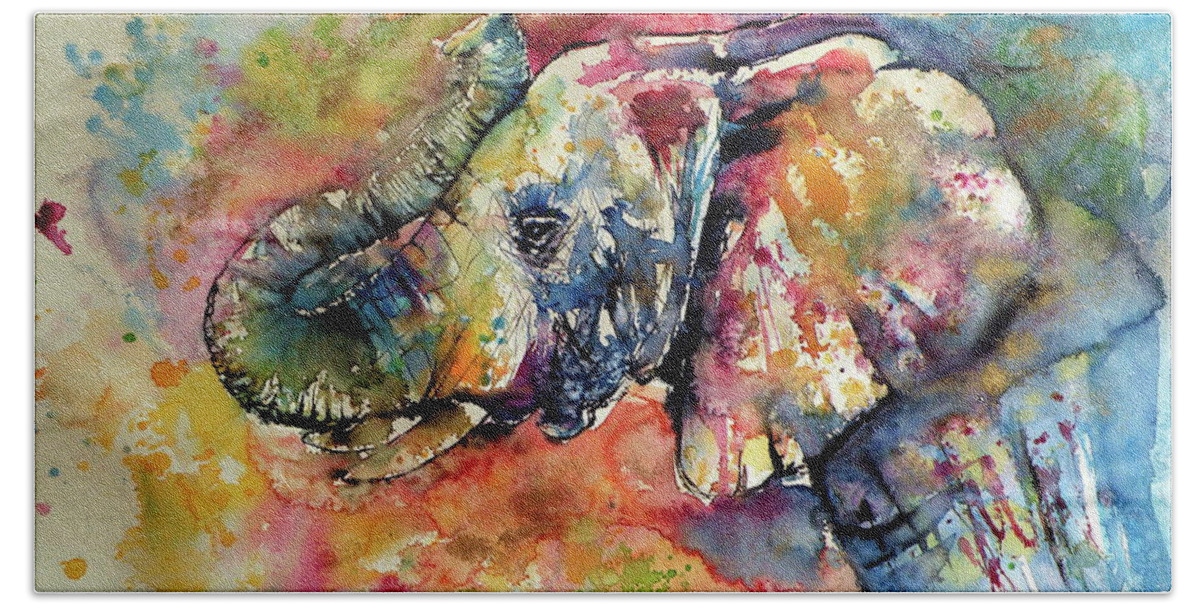 Elephant Hand Towel featuring the painting Big colorful elephant #4 by Kovacs Anna Brigitta