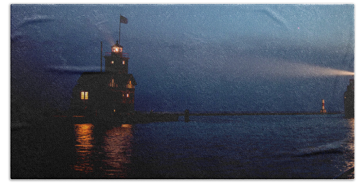 Michigan Bath Towel featuring the photograph Big Red Lighthouse Holland Michigan With Freighter #2 by Ken Figurski