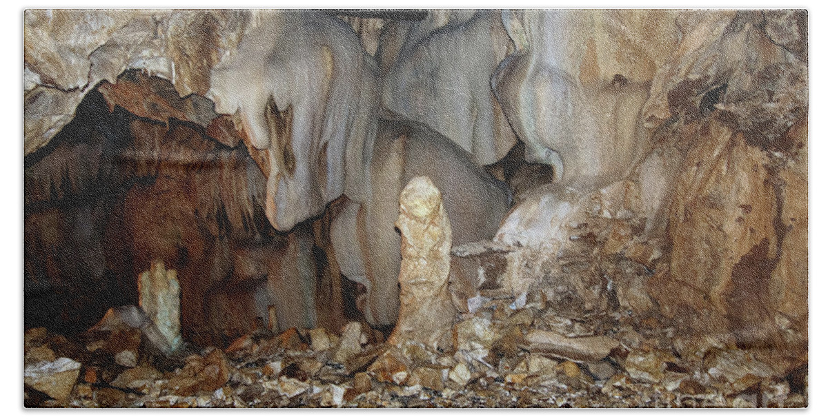 Cave Hand Towel featuring the photograph Bizarre mineral formations in stalactite cavern #1 by Michal Boubin