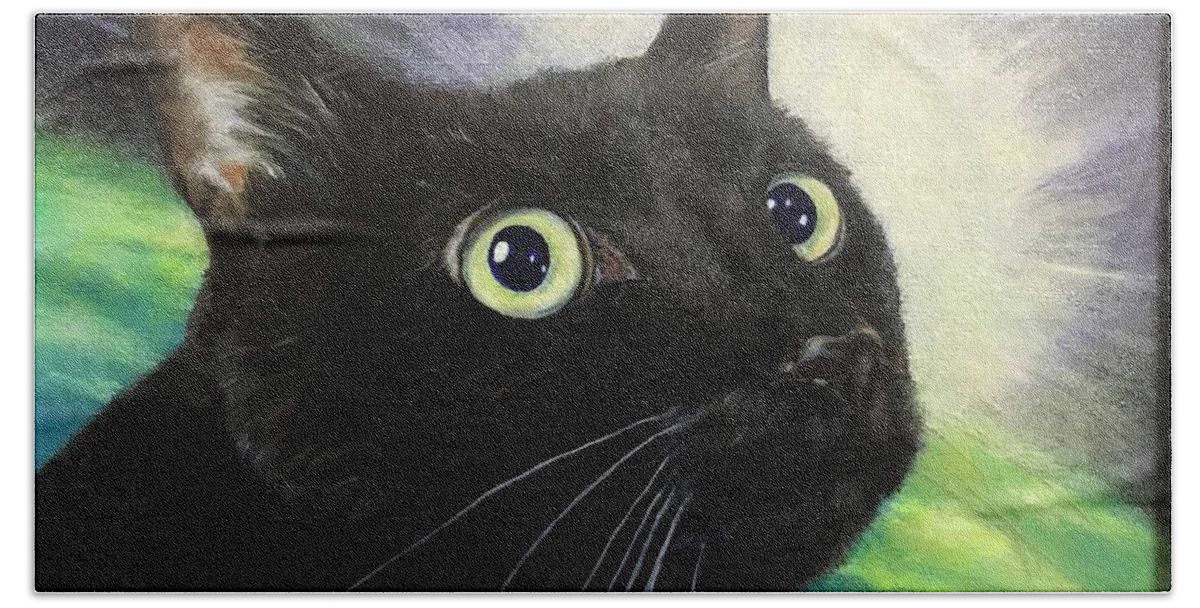 Cat Bath Towel featuring the painting Black cat inspiration #1 by Hiroyuki Suzuki