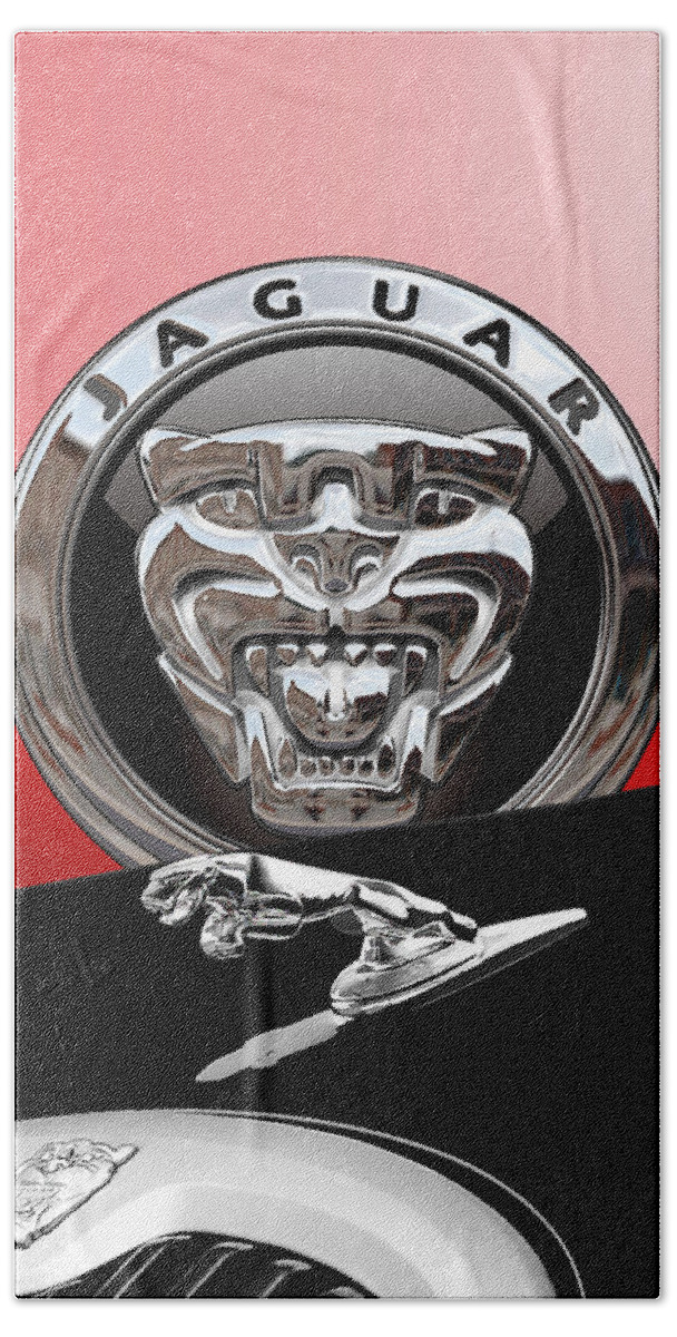 'auto Badges' Collection By Serge Averbukh Hand Towel featuring the photograph Black Jaguar - Hood Ornaments and 3 D Badge on Red by Serge Averbukh