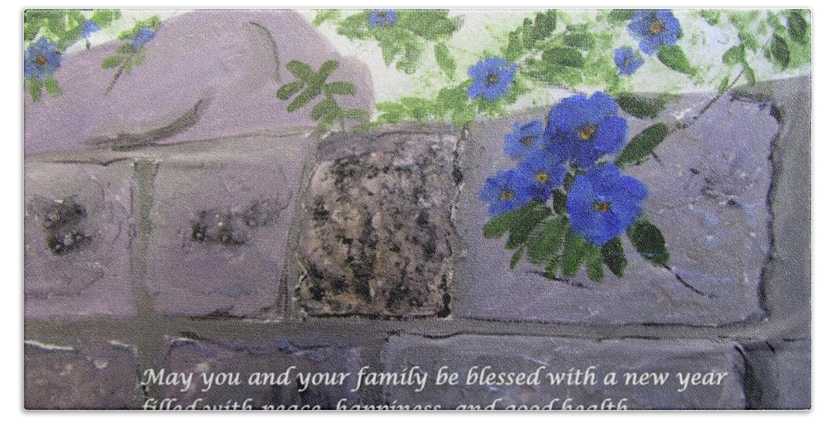 Rosh Hashanah Bath Towel featuring the painting Blossoms along the wall #1 by Linda Feinberg