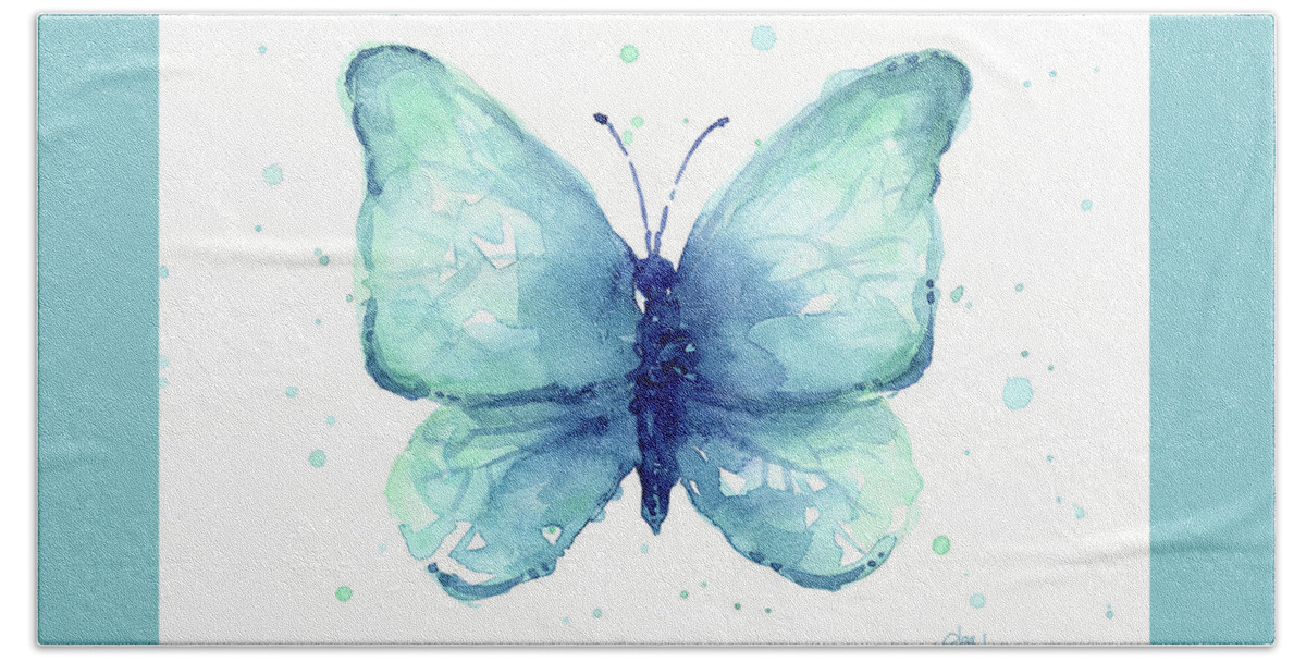 Blue Bath Sheet featuring the painting Blue Butterfly Watercolor by Olga Shvartsur