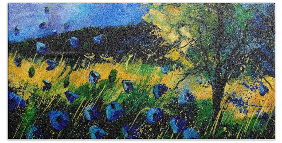 Poppies Hand Towel featuring the painting Blue poppies by Pol Ledent