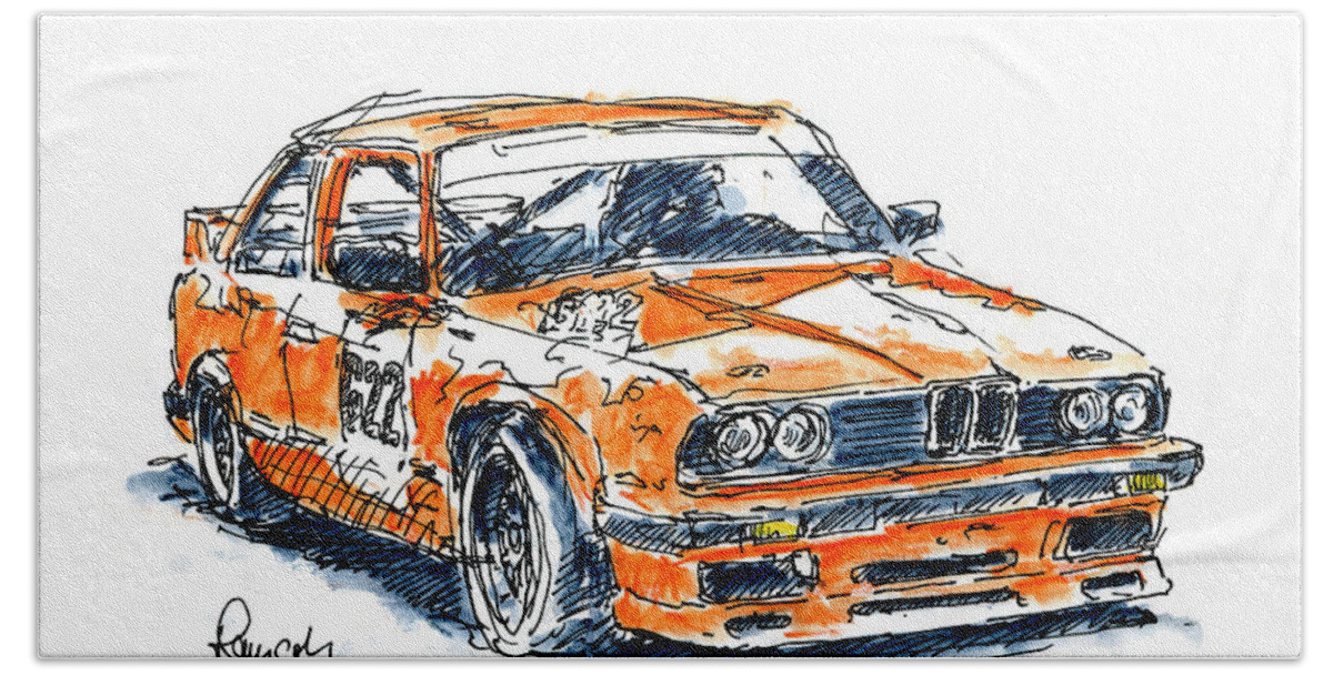 Classic Hand Towel featuring the drawing BMW 320 iS Racecar Ink Drawing and Watercolor by Frank Ramspott